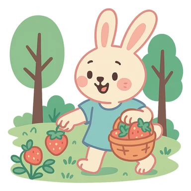 bunny picking strawberries in the woods, sweet pastel red, pastel-toon style sticker