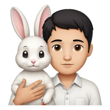 A tan-skinned Thai man with black hair and a low fade haircut, dressed in a white shirt, is holding a white rabbit with perky ears. sticker