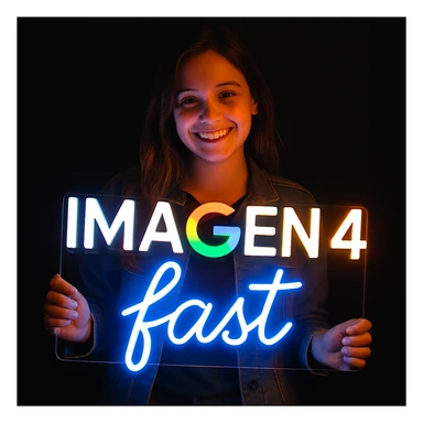 make a girl holding this sign, but sign in made of neon, also add fast below the sign sticker