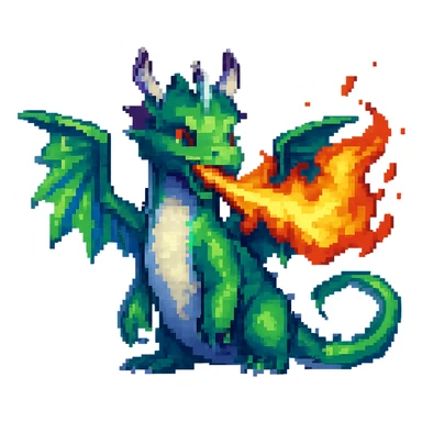 Add fire breath to the dragon in pixel art style, no background, keep pixel art aesthetic and details. sticker