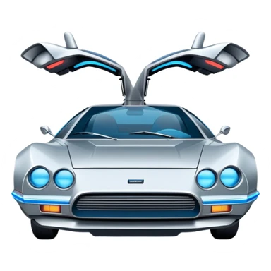 Retro-futuristic hover car inspired by the DeLorean, gullwing doors, silver metallic body with blue-tinted windows, stylized jet boosters in the back, flat vector style, outlined shapes, minimal design sticker