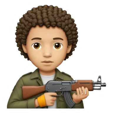 AK47 in hand, light skin male with shortest curly hair  and some cuts on the face  sticker