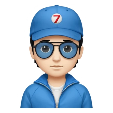 make a genmoji of a boy with a white baseball cap, black hair and a blue zipper jacket with black sunglasses sticker