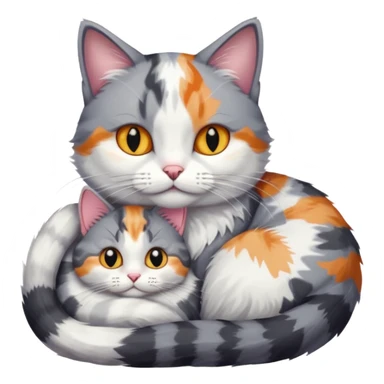 grey and white cat cuddling a colourful light patched calico + white tabby cat sticker
