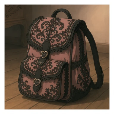 pink and black gothic backpack, ornate details, lace, elegant, whimsical, soft lighting sticker