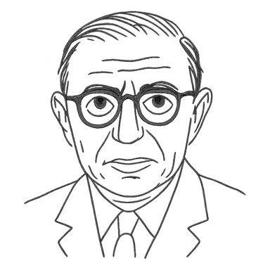 a hand drawn black outline portrait of Jean-Paul Sartre with similar-sized eyes based a famous portrait of him sticker
