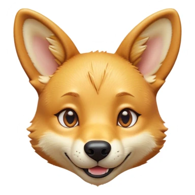 Cinematic Cute Dingo Portrait Emoji, Head tilted playfully and inquisitively, featuring a glossy sandy fur with naturally perky ears and round, sparkling amber eyes filled with curious mischief, Simplified yet irresistibly adorable features, highly detailed, glowing with a warm, friendly glow, high shine, affectionate and spirited, stylized with a touch of outback whimsy, bright and endearing, soft glowing outline, capturing the essence of a mischievous yet loving dingo, so playful it feels like it could bound out of the screen into your arms! sticker