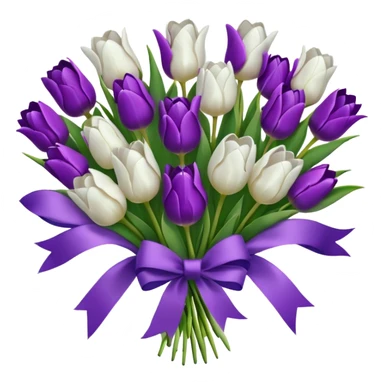 Create a set of emojis for a flower shop featuring white and purple Dutch tulips. Convey an atmosphere of delicacy, elegance, and a spring mood. Include a combination of tulips, bouquets, ribbons, hearts, and details that emphasize the shop’s premium and sophisticated style. sticker