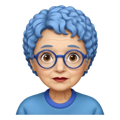 old lady with short, curly blue hair, matching blue eyebrows, light brown skin, round black glasses, and a neutral facial expression. sticker