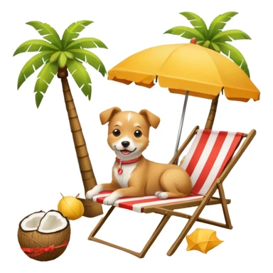 a dog laied on a beach chair, a sunny beach, a sun umbrella, and beach coconut trees. the icon should capture the essence of a relaxing beach vacation with a carefree atmosphere sticker