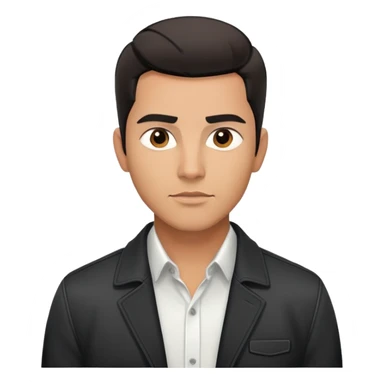 Handsome athletic Hispanic man with tan complexion, short black straight hair combed back with faded sides, square masculine face with defined jawline, neutral-friendly TV presenter expression, black jacket and white button-up shirt sticker