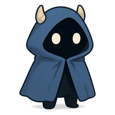 character with a blue cloak, black body, white eyes, cute little horns peeking out from under the hood, consistent style sticker