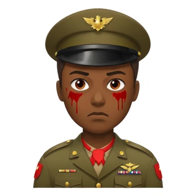 soldier, very dark skin tone, scowling, blood splatter on left cheek sticker