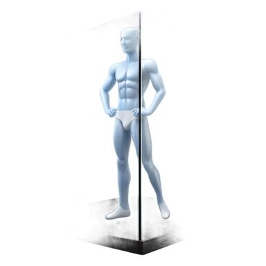 male mannequin abs cubes inside a glass cube on a stand isometric view sticker