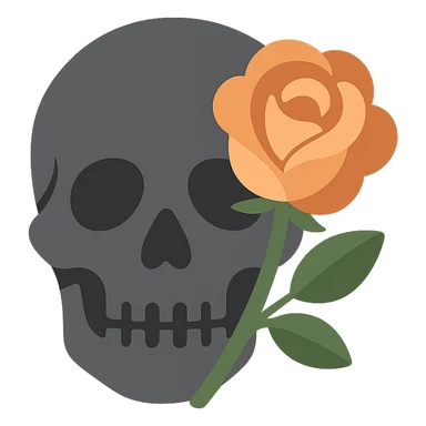 A dark, grey skull with sharp, angular features and a mysterious, haunting aura, featuring a rose delicately placed in one of its hollow eye sockets. The skull is in shades of grey, accented with soft tones of golden orange (FA9B41), forest green (4A7C5C), muted taupe brown (96775A), and pastel peach (FFCC9A). The rose, vibrant in its peach and orange hues, contrasts with the cold, eerie grey of the skull, its petals unfurling gently around the eye socket. The background is dim and shadowy, with a faint, mystical glow illuminating the skull and rose, adding to the gothic and slightly surreal atmosphere. The scene feels both haunting and beautiful, with a touch of elegance. sticker