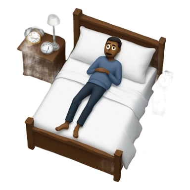 A man in his bed seeing a black figure and his phone reads 12:30 am sticker