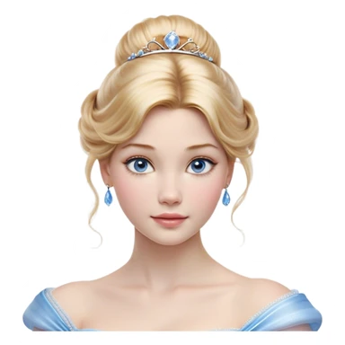 Cinematic Realistic Cinderella Portrait, depicted with lifelike skin texture, subtle rosy undertones, and soft natural lighting that enhances the gentle contours of her face. Her intricately detailed golden blonde hair is elegantly styled in an updo, with delicate wisps framing her face for added realism. Her deep, expressive blue eyes radiate warmth and sincerity, reflecting a quiet resilience and grace. She is dressed in her iconic ball gown, the fabric shimmering with intricate embroidery and fine translucent layers that catch the light beautifully. The soft sheen of satin gloves and the delicate sparkle of a glass-like slipper peeking from beneath her dress add a touch of magical realism. The portrait features an enchanting glow with a natural, luminous finish, seamlessly blending realism and fairytale charm to evoke a sense of depth, elegance, and timeless beauty. sticker