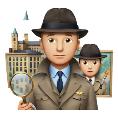 Icon for Detective Movies: A colorful collage featuring Daniel Craig as an inspector, with a magnifying glass, fedora hat, cigarette, and a mysterious city backdrop. Include a board with photos of suspects, fingerprints, and a crime scene. Retro movie poster style. Transparent background. sticker