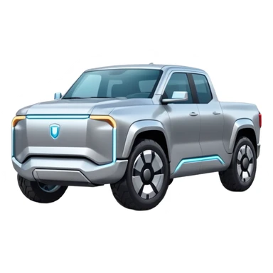 A futuristic electric pickup truck emoji, silver chrome body, angular cyber design, smooth metallic panels, subtle reflections, minimalistic proportions, iOS emoji style, centered composition, clean white background, soft lighting sticker