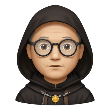 Monk priest prayer black habit with hood round black glasses done light brown wavy hair under hood remove the medallion smaller more round glassed age 46  sticker
