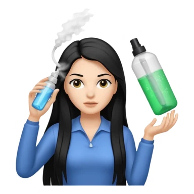 A white woman with long, straight black hair, holding a spray bottle in one hand and misting it toward her hair. sticker