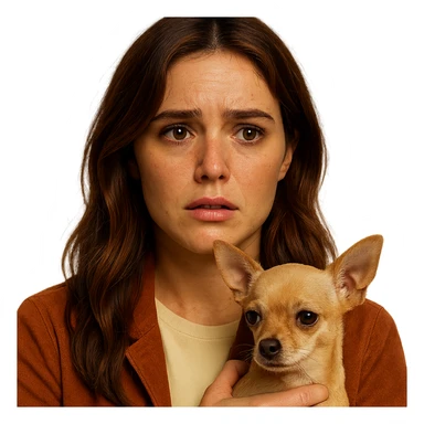 Portrait for Instagram profile picture inspired by the facial features visible in the reference images, with a tanned complexion, subtle freckles, wearing a shirt color #FFF8CA and a rust-colored jacket, medium-length brown hair with auburn highlights, anxious and worried expression, holding a beige-brown chihuahua, in the style of a Netflix series, intimate Tenerife ambiance, transparent background. sticker