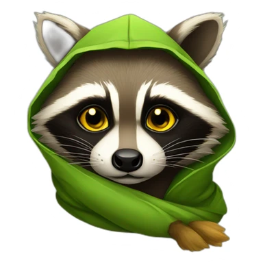 brown raccoon with yellow eyes and a green hood that sadly sticker