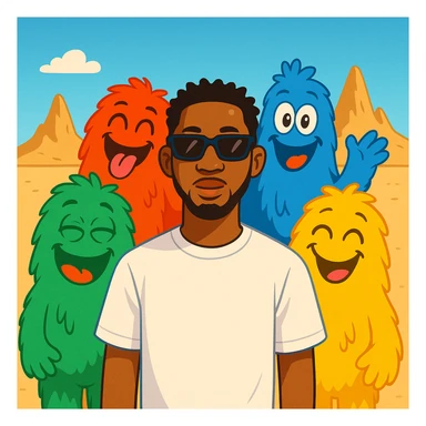 Add the four colorful furry background characters (green, red, blue, yellow) from the 'WITH YOU' album cover behind Omah Lay in a cartoon emoji style, making them fun and expressive. The style should resemble colorful cartoon emojis with a playful and lively vibe. sticker