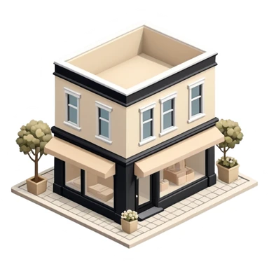 Isometric exterior little black, beige, and white clothing boutique, dollhouse style 3D realistic  sticker