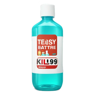 Turquoise Mouthwash bottle with white stickers and brown tap . the white stickers have small red letters that say kills 99% of batería  sticker