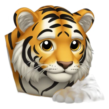 A tiger who study on a laptop with the word "AVEX" on the laptop sticker