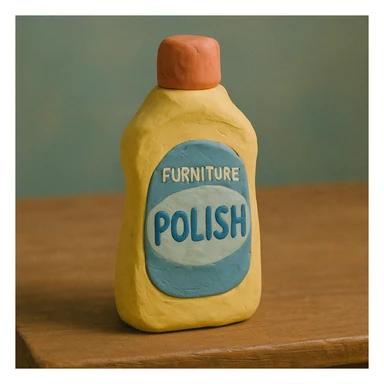 claymation style close-up of Pledge-like furniture polish bottle on a wooden table, soft lighting, pastel colors sticker