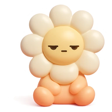creamy white daisy flower with sleepy half-lidded eyes, sitting down with a blank stare, extremely soft round pastel character, vinyl figure style sticker