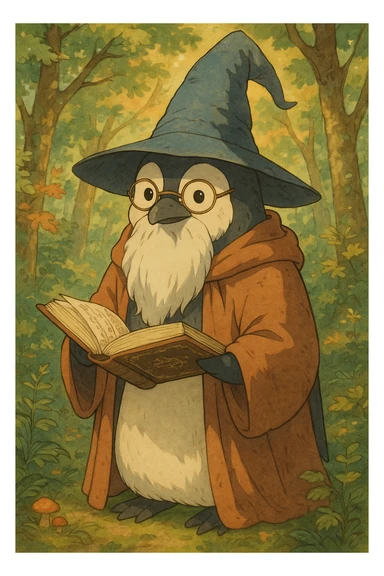 a wise penguin wizard with glasses, a long beard, and a book of spells, in a charming illustrated style sticker