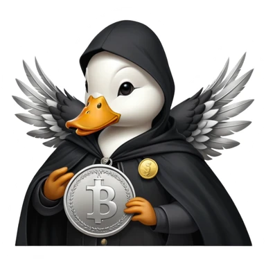 A cool duck wearing a black cloak with a silver coin in its wing sticker