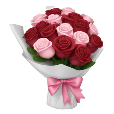 Burgundy bouquet of roses wrapped in white wrapping paper with pink bow sticker