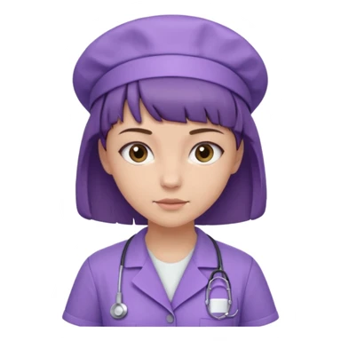 A young female slim nurse with short Brown hair with fringe over her forehead, wearing larvendar purple working cloth only no cap on her hair sticker