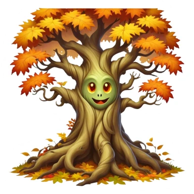 Create a mystical forest monster with the ancient wisdom of a sentient tree whose twisted trunk supports a crown of vibrant autumn foliage surrounding a cheerful, sun-like face that blooms with seasonal energy.


 sticker