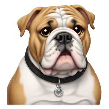 An English bulldog with a black collar sticker