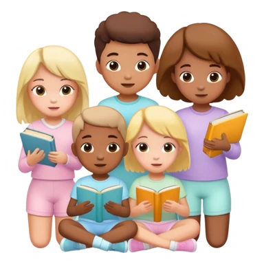children in pastel clothes play with book sticker