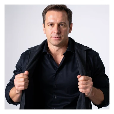 A very realistic image of a man holding clothes made of petroleum and rejecting them with a determined expression that communicates they are not good. Natural details, neutral atmosphere, vertical format 2:3. sticker