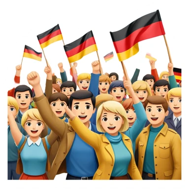 West German protest scene with people holding colorful protest signs, BRD flag, lively mood, 1960s sticker