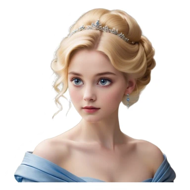 Cinematic Realistic Cinderella Portrait, depicted with lifelike skin texture, subtle rosy undertones, and soft natural lighting that enhances the gentle contours of her face. Her intricately detailed golden blonde hair is elegantly styled in an updo, with delicate wisps framing her face for added realism. Her deep, expressive blue eyes radiate warmth and sincerity, reflecting a quiet resilience and grace. She is dressed in her iconic ball gown, the fabric shimmering with intricate embroidery and fine translucent layers that catch the light beautifully. The soft sheen of satin gloves and the delicate sparkle of a glass-like slipper peeking from beneath her dress add a touch of magical realism. The portrait features an enchanting glow with a natural, luminous finish, seamlessly blending realism and fairytale charm to evoke a sense of depth, elegance, and timeless beauty. sticker