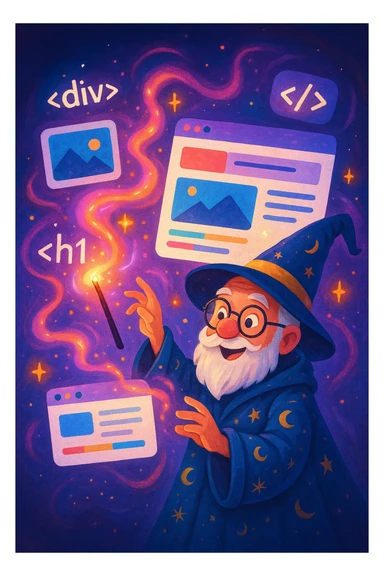 A wizard with glasses, surrounded by floating HTML tags and website windows, using magic to build a website, playful and creative scene, colorful, imaginative sticker