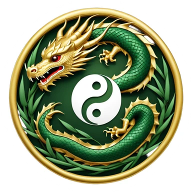 An icon symbolizing Eastern martial arts in the style of an emblem, with a black-and-white Yin-Yang symbol at the center. A dragon is placed on either side, representing strength and wisdom. The design includes bamboo and traditional elements. Transparent background sticker