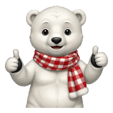 baby Polar Bear, smiling, thumbs up, wearing red Checkered Triangle scarf sticker