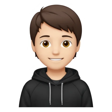 A brunette boy, short straight hair, light brown eyes, with a black sweatshirt with a hoodie, and smile  sticker