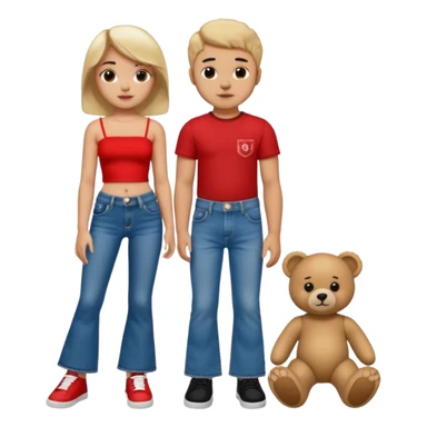 A boy and a girl teddy bear for the boy bear put on true religion shirt and jeans with black shoes and for the girl put flare jeans and a red tube top and white shoes just bears not the humans  sticker