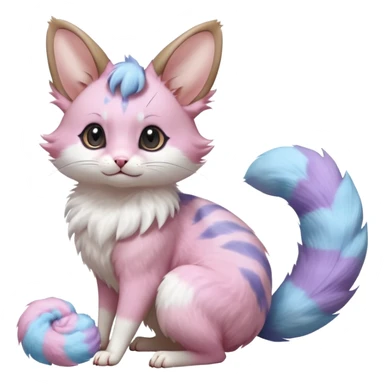 Realistic cute cotton-candy mist pink-blue-lilac fur whipped into cloud-soft spirals beautiful elegant pretty precious cute  Fakémon-Pokémon-opossum-feline-serval-caracal-chinchilla-Furret-Minccino-hybrid-creature with a big fluffy bushy tail (full body) sticker