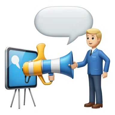An icon featuring a megaphone, a billboard, and a handshake, symbolizing advertising and public relations. The design includes a speech bubble and media icons, representing communication and brand messaging. Transparent background highlights the influence of PR and marketing strategies. sticker